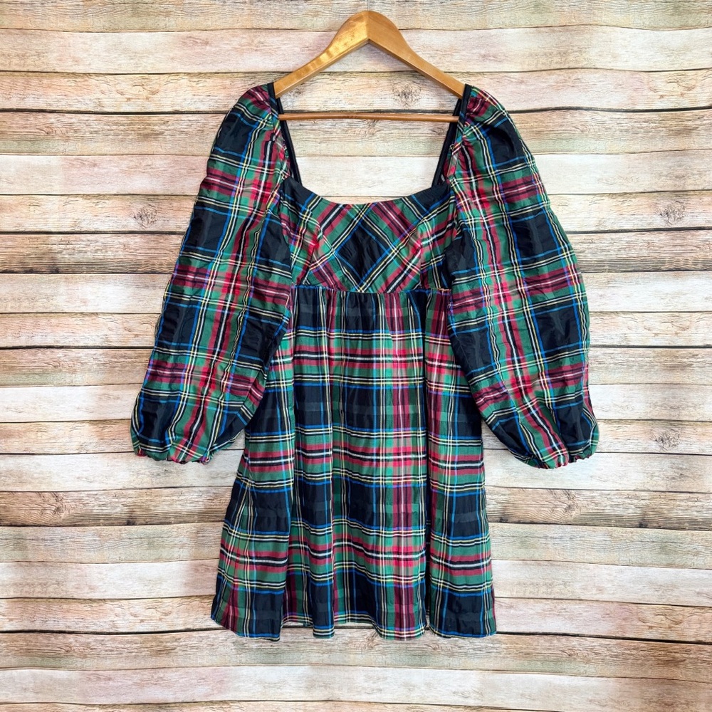 Plaid Puff-Sleeve Mini Dress in Navy and Red
